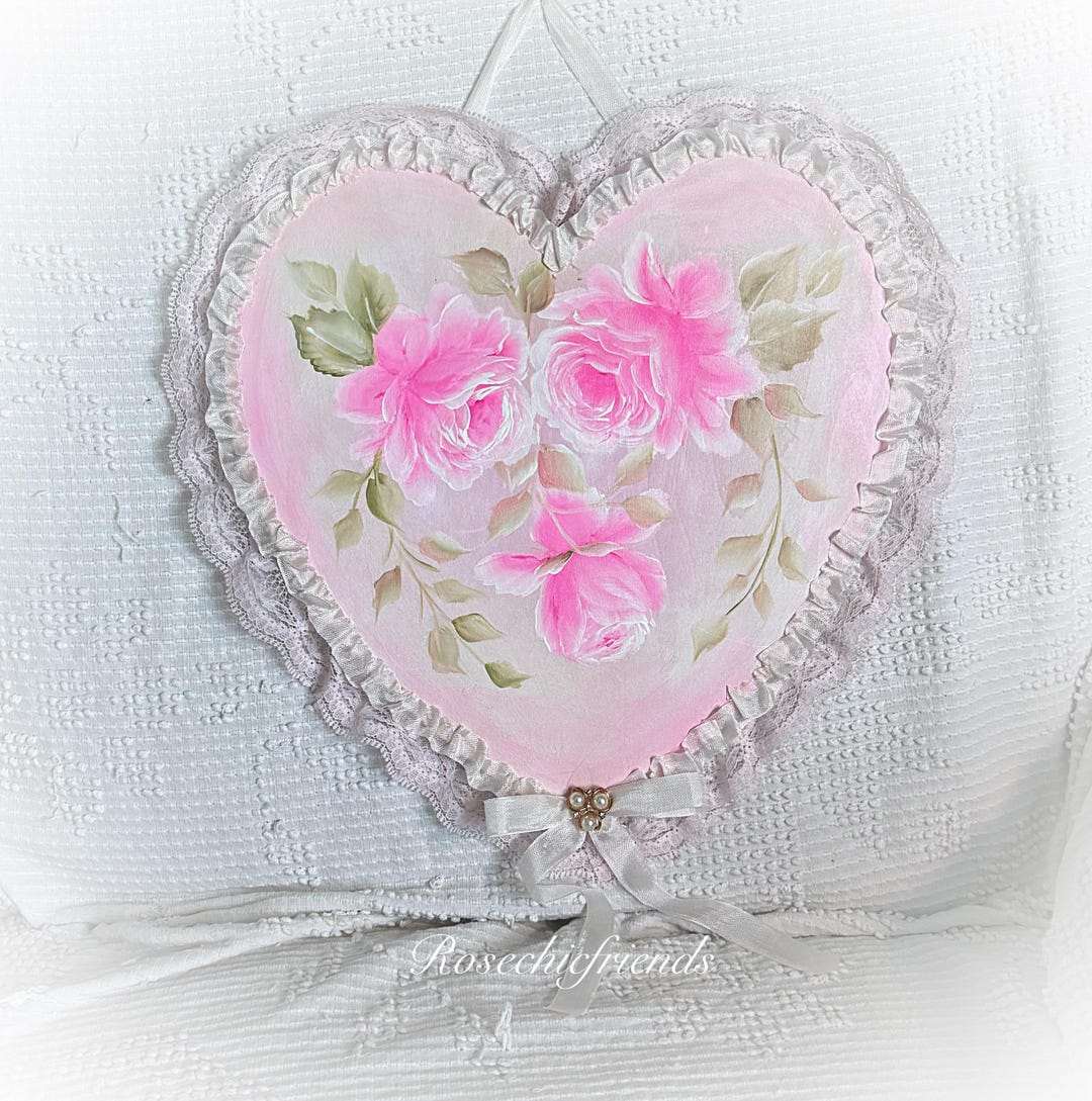 12x12 Pink Heart Shabby Chic Hand Painted Pale Pink Roses Wall Hanging ...