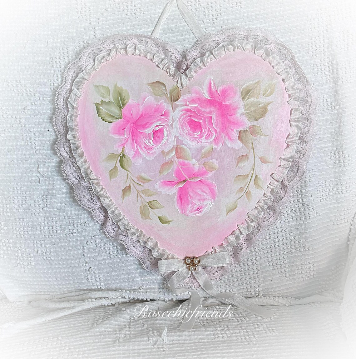 12x12 Pink Heart Shabby Chic Hand Painted Pale Pink Roses Wall Hanging ...