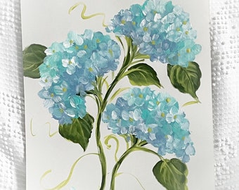 9x12 Hydrangeas Painting Original Art Work Painting Shabby Chic Hand Painted on Canvas Paper ECS