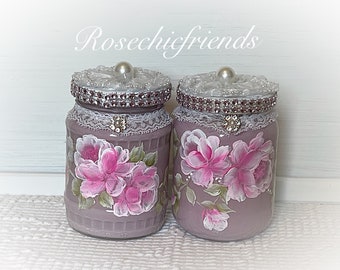 Shabby Chic Set of 2 Ballet Pink Storage Jars Jar Hand Painted Pink Roses Kitchen Decor Craft Room, Storage, Bathroom