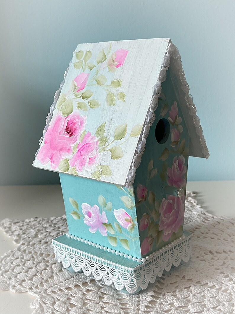 Large Shabby Chic Robins Egg Blue BIRDHOUSE Pink Hand Painted Roses ...