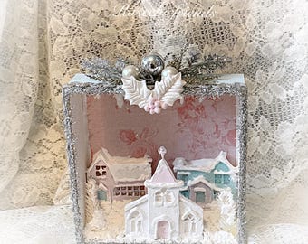 Christmas Diorama Shadow Box: Pink Church, Glitter Snow Winter Scene