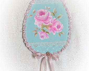 12x8.5 BLUE Egg Shabby Chic Wood Hand Painted Pale Pink Roses Wall Hanging Wreath