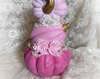 Stacked 3 Pink PUMPKINS Fall Decor Granny Chic Shabby