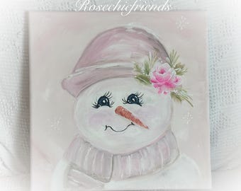12x12 Stretched Canvas Shabby Chic Hand Painted Snowman Painting Original Artwork Art Christmas pink