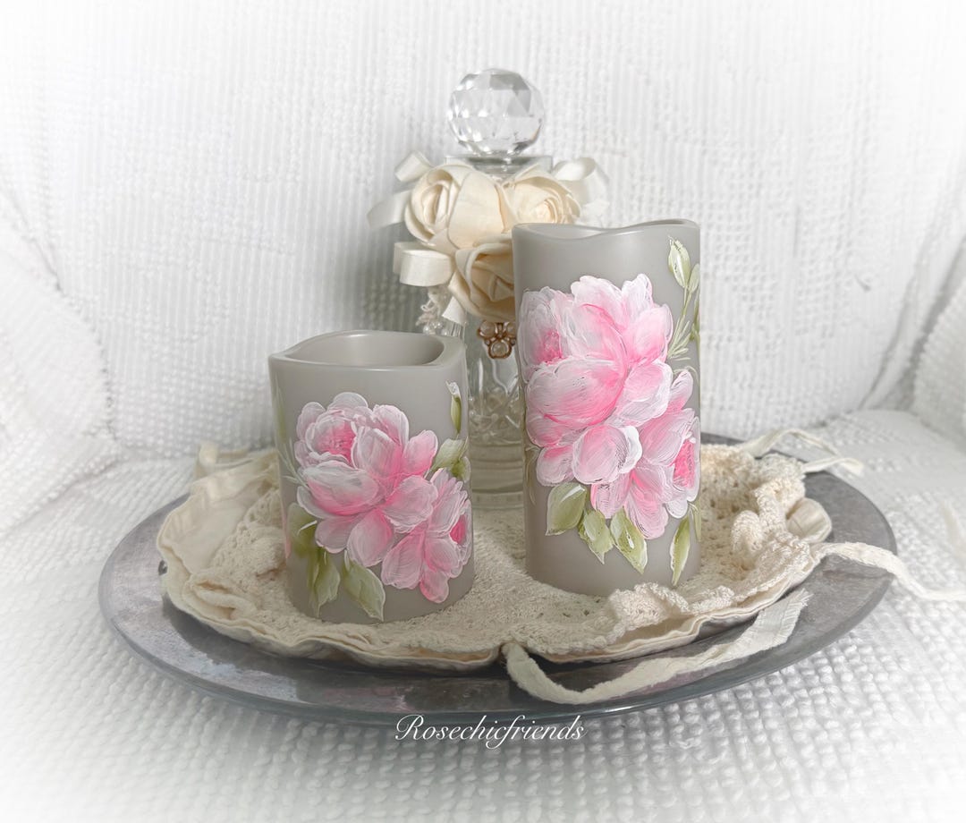 Flameless Pink Rose Pillar Candles - Shabby Chic Light Gray Set of 2 - Etsy