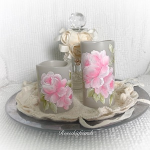 Set of 2 Flameless Battery Operated Light Gray Pillar Candles Hand painted shabby Pink Chic Roses ECS