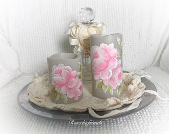 Flameless Pink Rose Pillar Candles - Shabby Chic Light Gray Set of 2