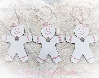 Wood Gingerbread Men Ornaments: Set of 3, Shabby Chic Icing