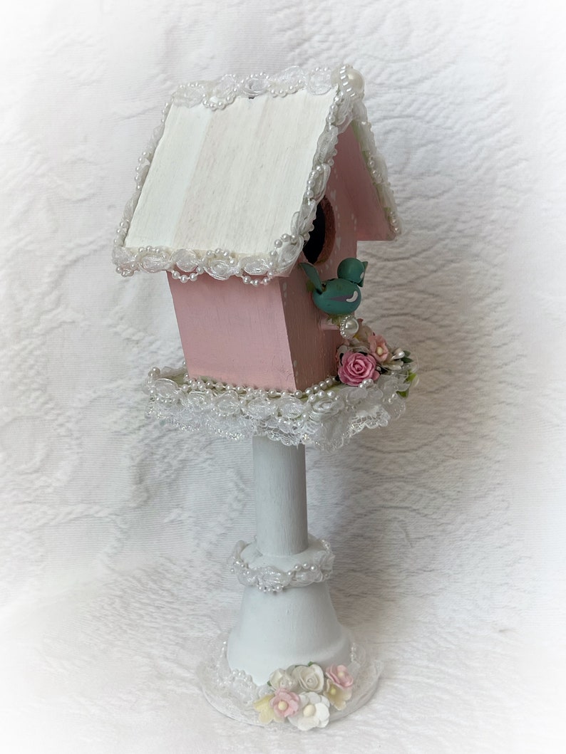 Pedestal PINK BIRDHOUSE Shabby Cottage Hand Painted Chic image 3