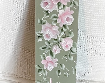 18x5 PINK Hand Painted Roses Wood Sign Plaque Art Shabby Chic Original Sage Green