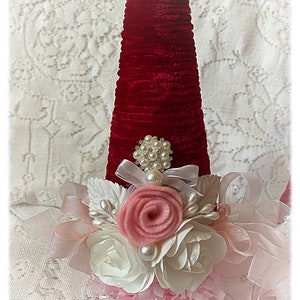 10 Velvet RED Christmas Chenille Yarn Wrapped TREE Chic Shabby Pink Roses ECS image 4