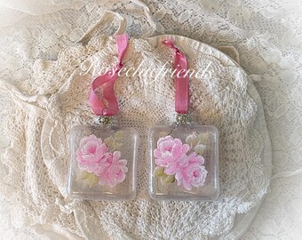 1 ORNAMENT 4” Square Clear Hand Painted Pink Christmas Roses