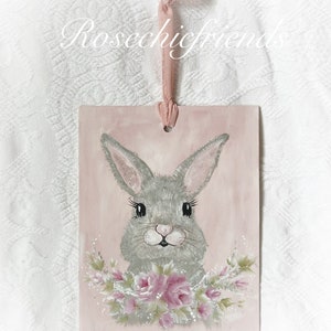8x10 Bunny Rabbit  Painting with Roses Shabby Chic Hand Painted