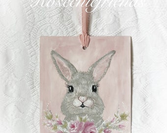 8x10 Bunny Rabbit  Painting with Roses Shabby Chic Hand Painted