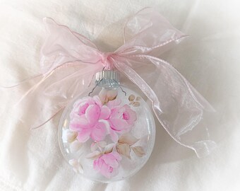 1 ORNAMENT 4” Round Flat Clear Glass Hand Painted PINK Roses 2