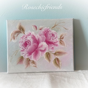 Hand Painted Pink Roses Canvas Board Painting 10x8 Shabby Chic Cottage Original Art
