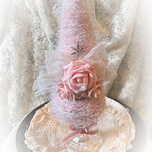 14” PINK Chenille Glitter Yarn Tree Christmas Roses Chic Cottage Shabby