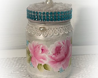 Cottage White Glass JAR Hand painted Pink Roses Victorian Shabby Chic Pin Cushion Top