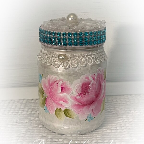 Cottage White Glass JAR Hand painted Pink Roses Victorian Shabby Chic Pin Cushion Top