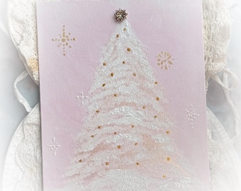 10x8 Painting White Christmas Tree Original Art CANVAS Shabby Chic Pink