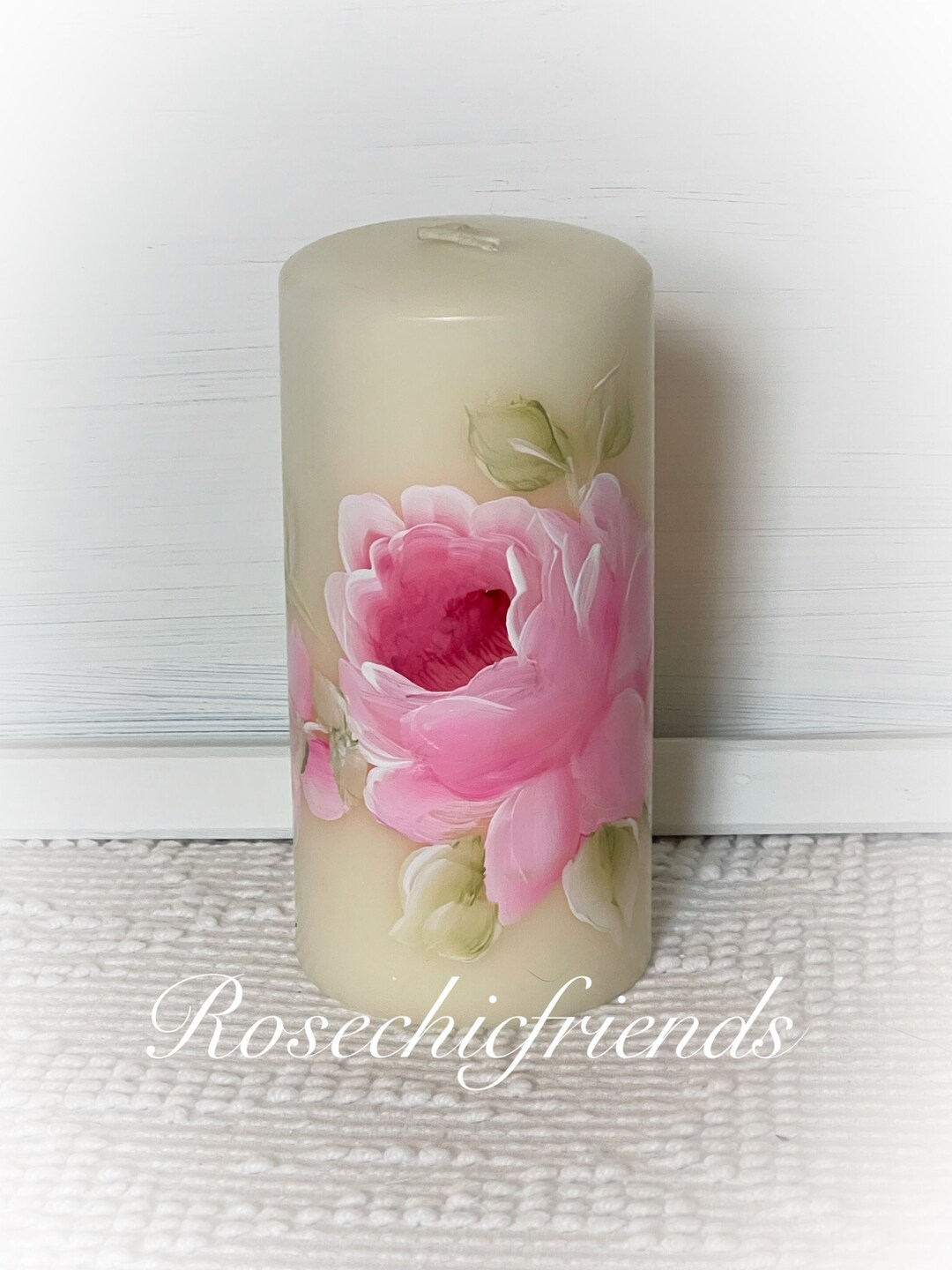 One Shabby Chic White 5.5 PILLAR Candle Hand Painted Pink Roses ECS - Etsy