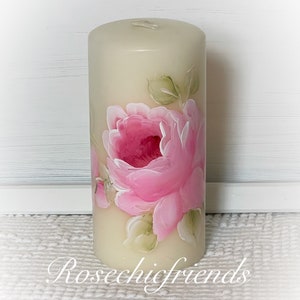 One Shabby Chic White 5.5 PILLAR Candle Hand painted Pink Roses ECS