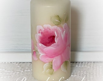 One Shabby Chic White 5.5 PILLAR Candle Hand painted Pink Roses ECS