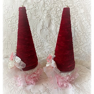 10 Velvet RED Christmas Chenille Yarn Wrapped TREE Chic Shabby Pink Roses ECS image 5