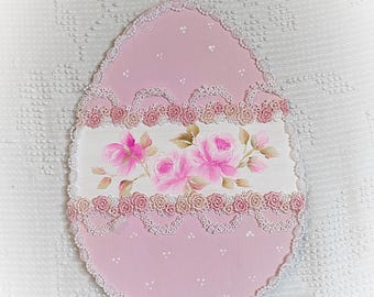 Hand Painted Pink Rose Egg Plaque: Shabby Chic Wall Decor