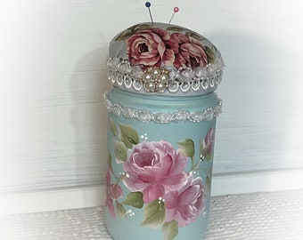 Cottage Blue Glass JAR Hand painted Pink Roses Victorian Shabby Chic Pin Cushion Top