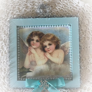 6x6 Blue Wood Victorian Vintage Images 2 Children Angels Cherubs Winter Christmas Plaque Ornament Shelf Sitter
