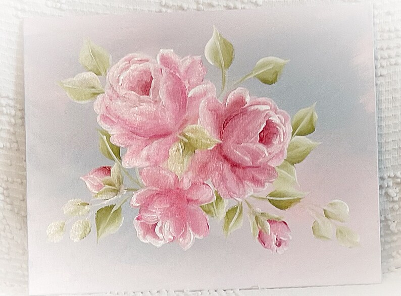 Hand Painted PINK Coral Roses 8x10 Canvas Board Painting Shabby Chic ECS image 2