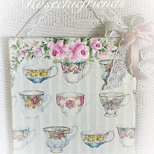 10x10 Teacup Background with Hand Painted Pink Roses Shabby Chic Original Art