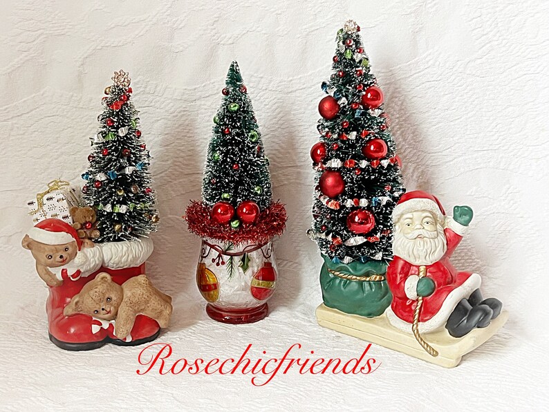 10 BOTTLE Brush Tree Vintage Santa on Sleigh Figure Figurine Mercury Glass Ornaments Decoration ECS image 6
