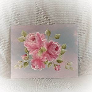 Hand Painted PINK Coral Roses 8x10 Canvas Board Painting Shabby Chic ECS image 3