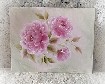 Lienzo rosa de 10 x 8 pulgadas con diseño de peonías, estilo shabby chic, pintura pintada a mano, obra de arte original.