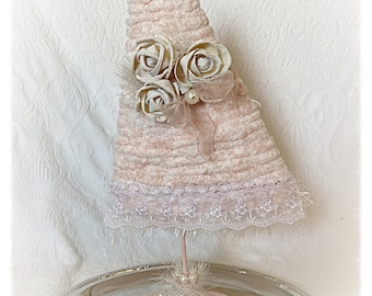 PINk Shabby Chic Chenille Yarn Wrapped Flat TREE Centerpiece Christmas Decor Farmhouse Decor