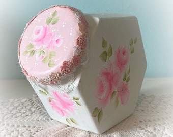 Cottage White Glass Cookie Candy Jar Hand Painted Pink Roses Shabby Chic