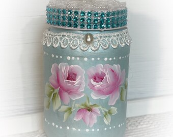 Cottage Blue Glass JAR Hand painted Pink Roses Victorian Shabby Chic Pin Cushion Top