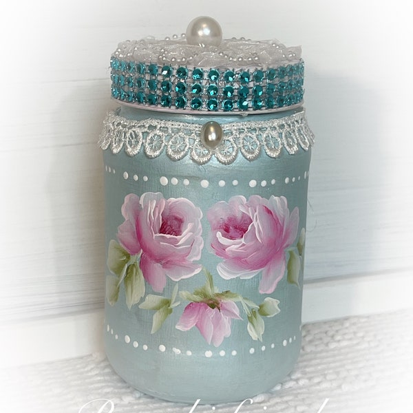 Cottage Blue Glass JAR Hand painted Pink Roses Victorian Shabby Chic Pin Cushion Top