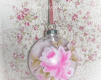 1 ORNAMENT XLarge 5” Round Flat Clear Hand Painted PINK Roses 2