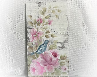 11x5.5 Distressed Wood Hand Painted Blue Bird and Pink Roses Painting Original Art Shabby Chic