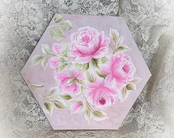 PINK Roses Hexagon 8x8 Stretched Canvas Hand Painted Art Original Painting Shabby Chic