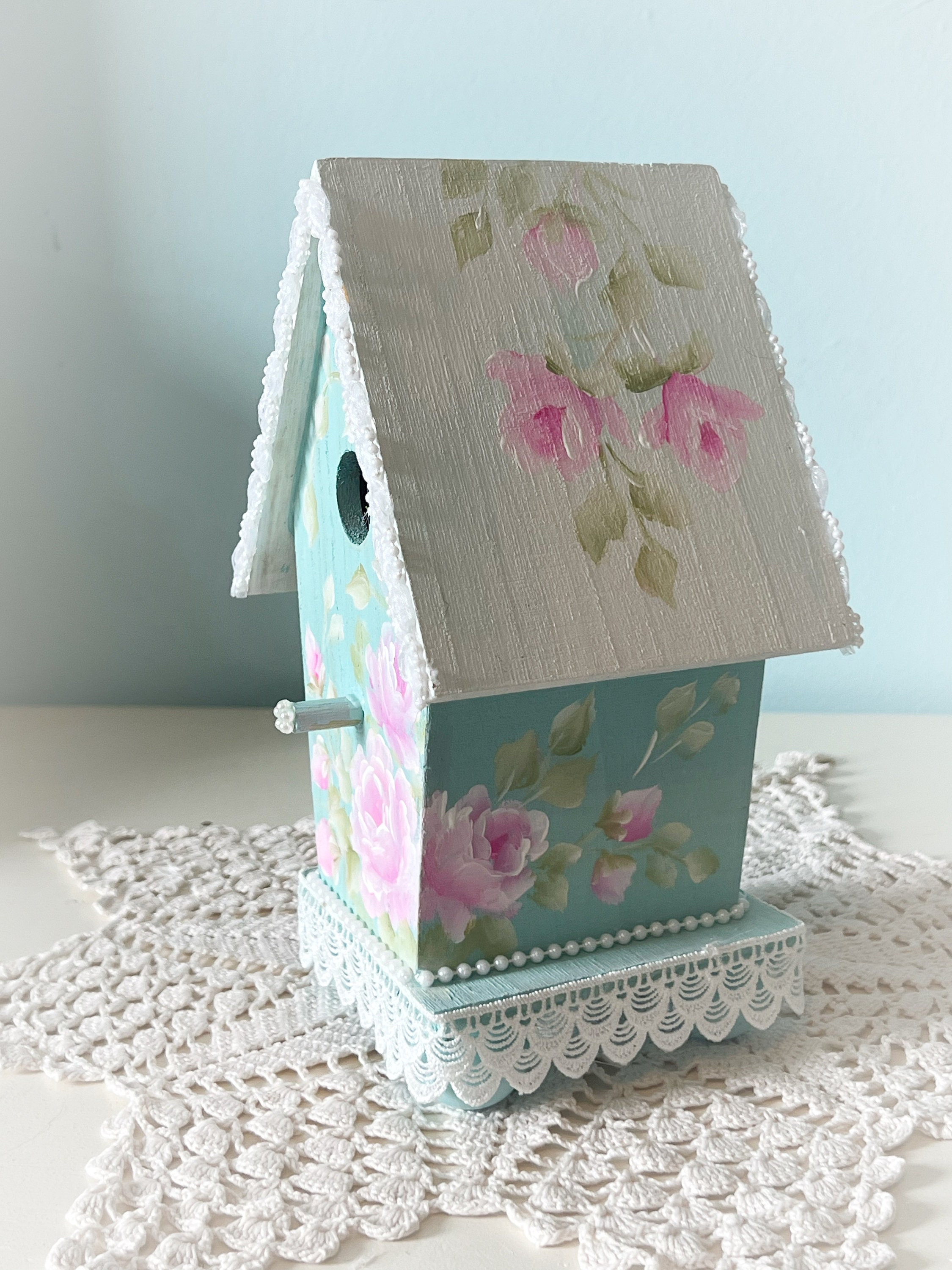 Large Shabby Chic Robins Egg Blue BIRDHOUSE Pink Hand Painted Roses ...