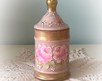PINK Apothecary Shape Glass Candy Jar Hand Painted Pink Roses Shabby Chic