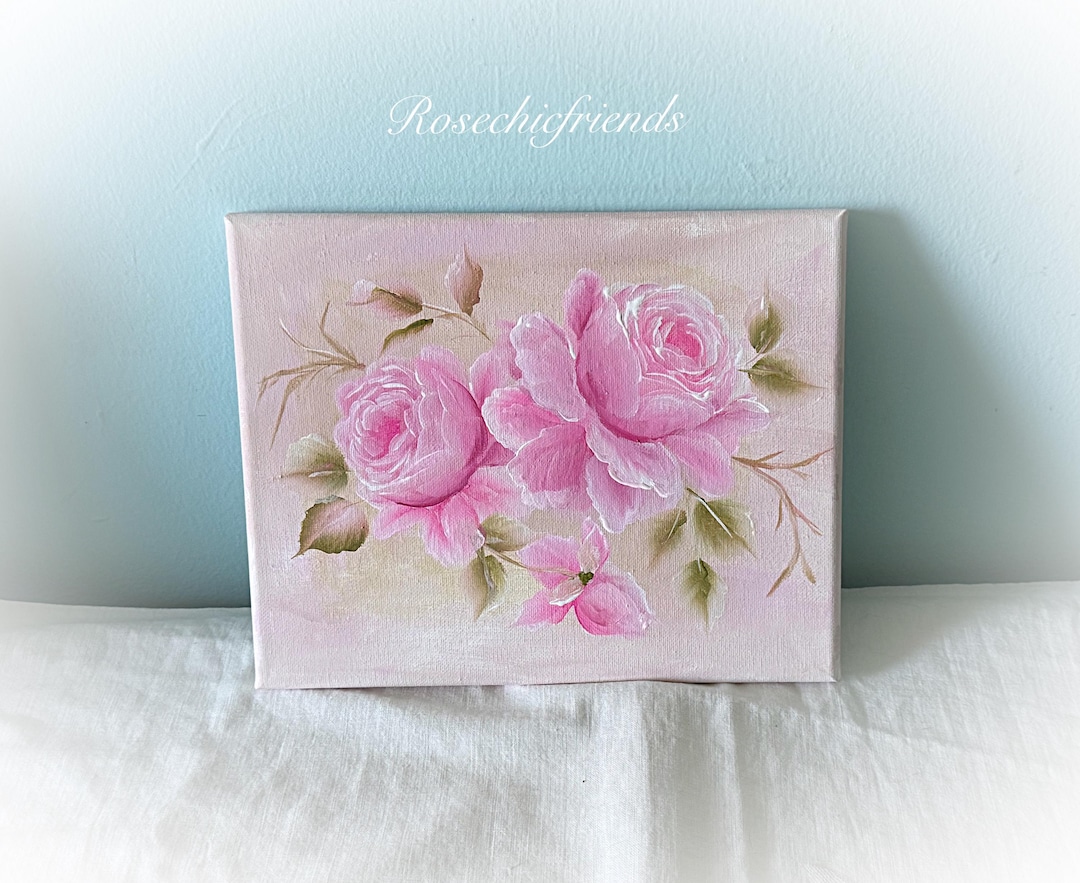 Hand Painted Light Pink Roses: Shabby Chic Cottage Art (10x8 Canvas ...