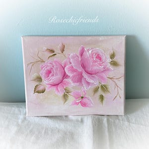 10x8 Hand Painted Light Pink Roses Canvas Board Painting 10x8 Shabby Chic Cottage Original Art