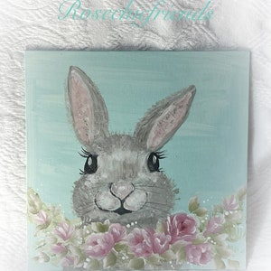 8x8 Canvas Board Bunny Rabbit  Painting with Roses Shabby Chic Hand Painted