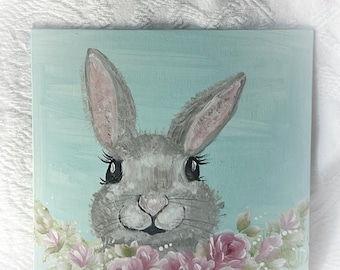 8x8 Canvas Board Bunny Rabbit  Painting with Roses Shabby Chic Hand Painted